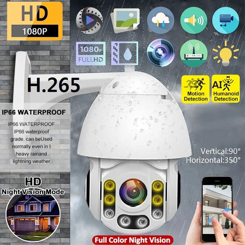 IP66 wifi pan camera Humanoid detection US plug ONVIF ночное видение 8 светодиодный Android ip Беспроводная