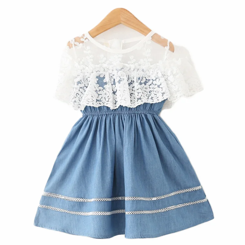 2019 Summer Girls Lace Denim Dresses Baby Girl Birthday Party Princess Jeans Dress For 2 3 4 5 6 7 yrs Kids Children's Clothing | Детская