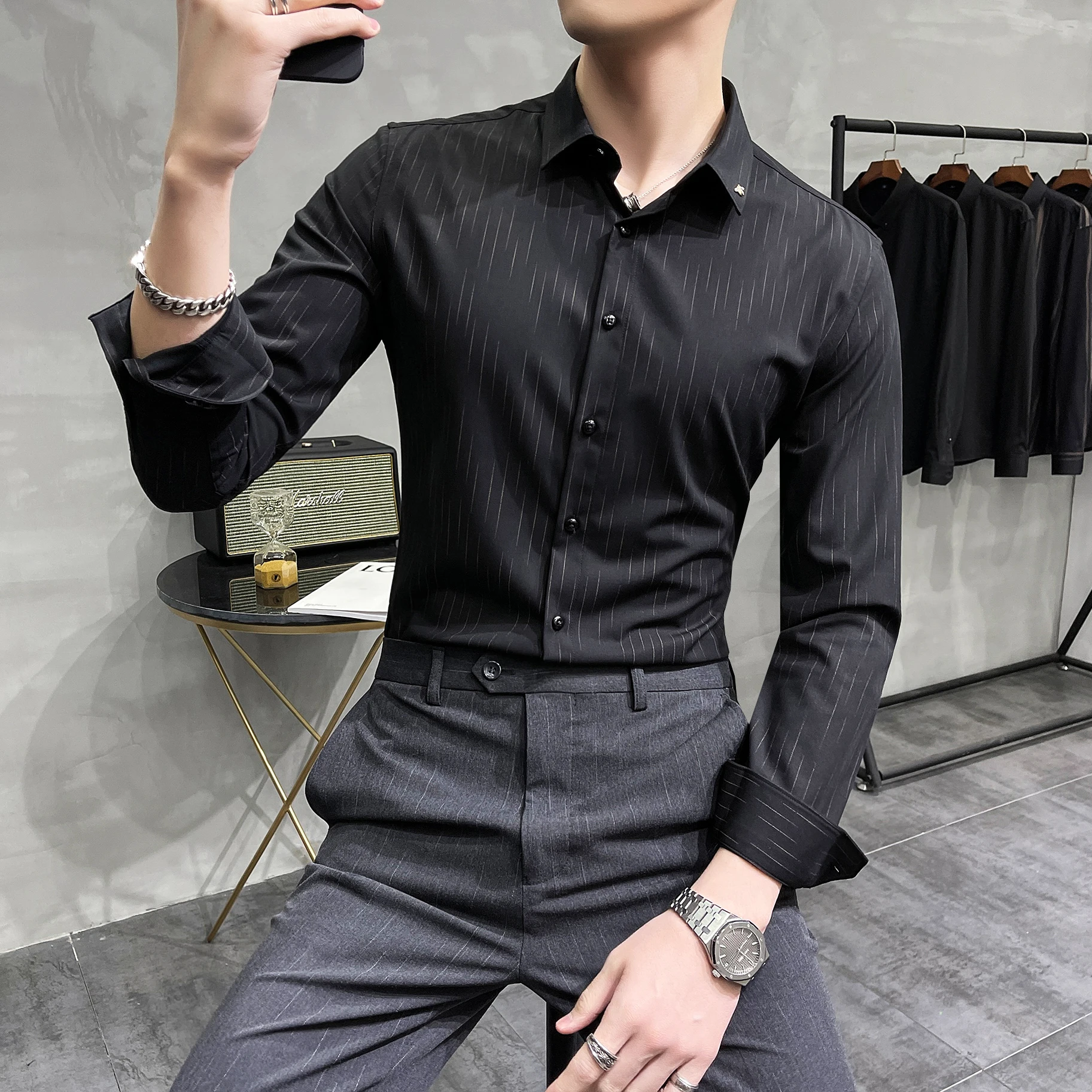 

Men Business Shirts Fashion Long Sleeve Slim Fit Casual Dress Shirts 2021 Spring Work Office Social Party Blouse Chemise Homme