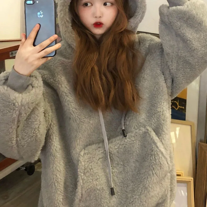 

Sweatshirt Winter Jacket Clothes oversize Hoodies Women plus size Vintage Pockets Long Sleeve Pullover loose rabbit ears Hoodie