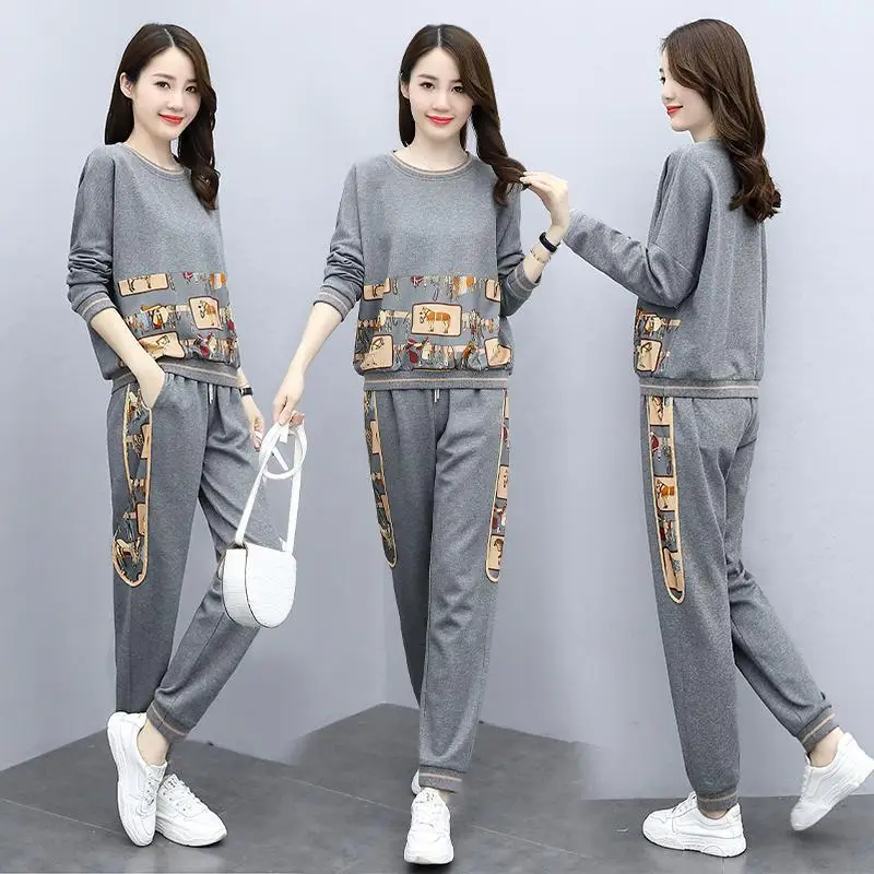

Plus Size 5XL Printed O-Neck Two-Piece Sets Casual Loose Long Sleeve Tops Elastic Waist Drawstring Harem Pants Women Outfit 2020