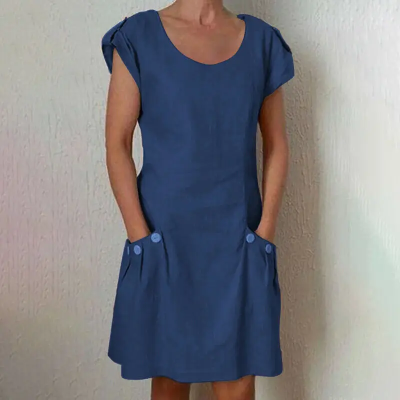 

Women's dress New summer dress solid color loose short sleeve casual cotton hemp