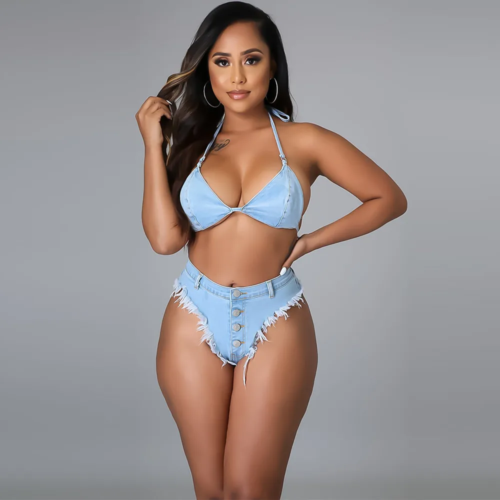 

Sexy Bandage 2 Piece Matching Set Women's Denim Tracksuit Summer Halter Backless Bra Top and Low Waist Shorts Co-ord Outfits