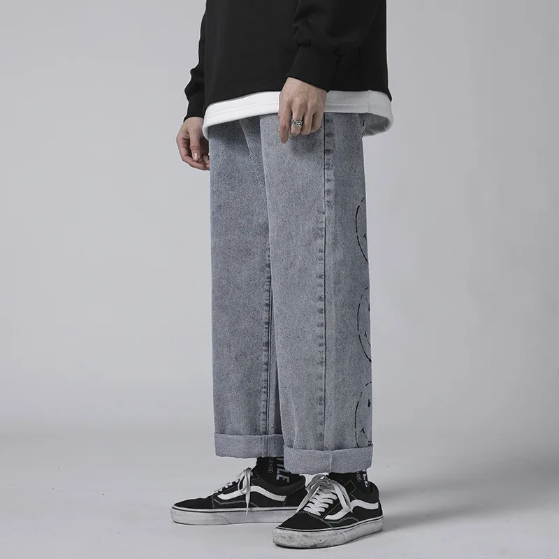 Mens Vintage Washed Jeans Hip Hop Smile Face Printed Loose Fit Denim Pants Harajuku Straight Casual Cartoon Trousers Male | Мужская