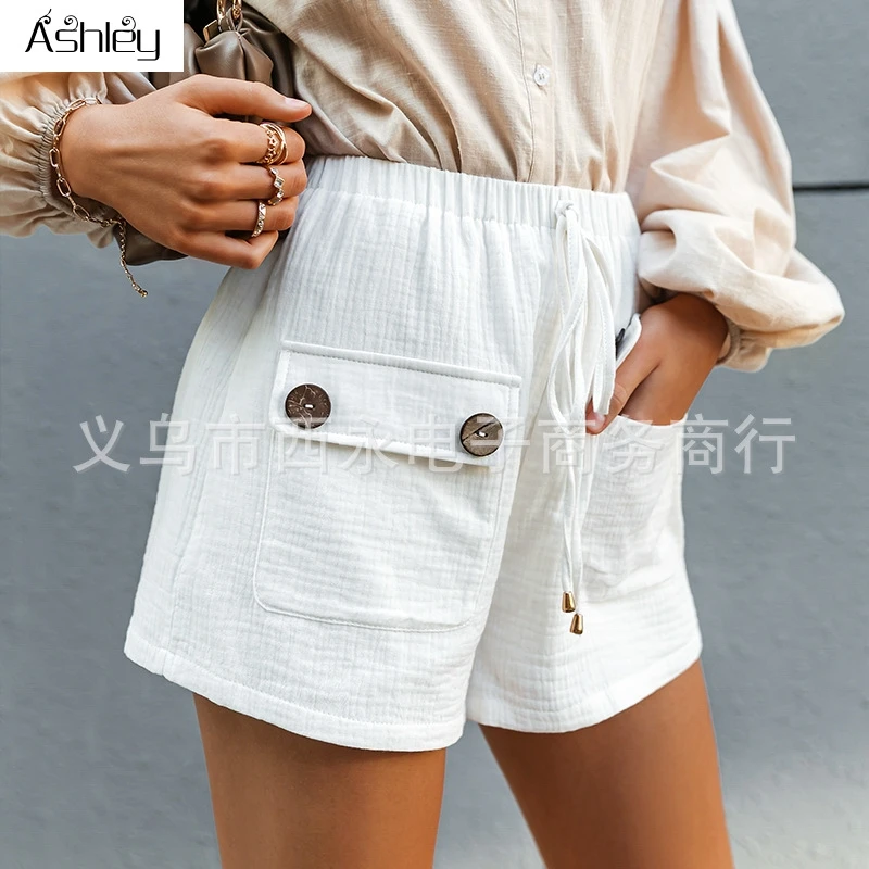

Ashley Cotton High-waist Straight-leg Shorts Casual Pocket Button Summer Female Shorts Elegant White loose office lady shorts