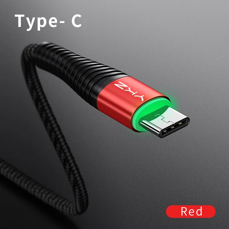 Red YKZ светодиодный светильник usb type C кабель 3A Быстрая зарядка зарядное устройство USB-C type-c кабель для samsung S10 S9 Xiaomi Mi 9 8 One Plus USB C шнур - Цвет: Red