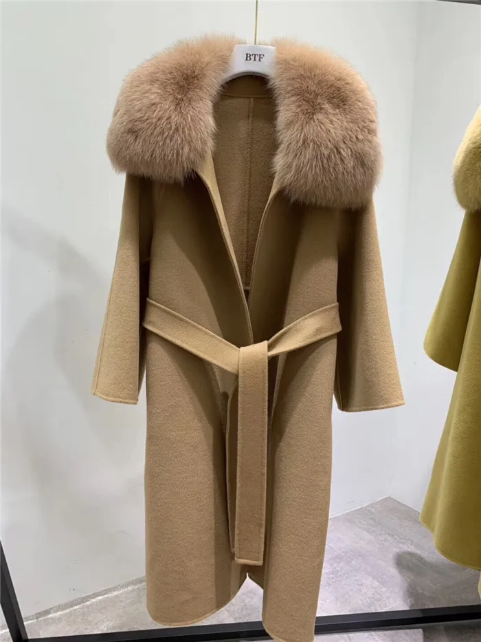 caramel color Зимние шерстяные пальто для женщин натуральный Лисий мех воротник двухстороннее шерстяное пальто Женская куртка - Цвет: caramel color