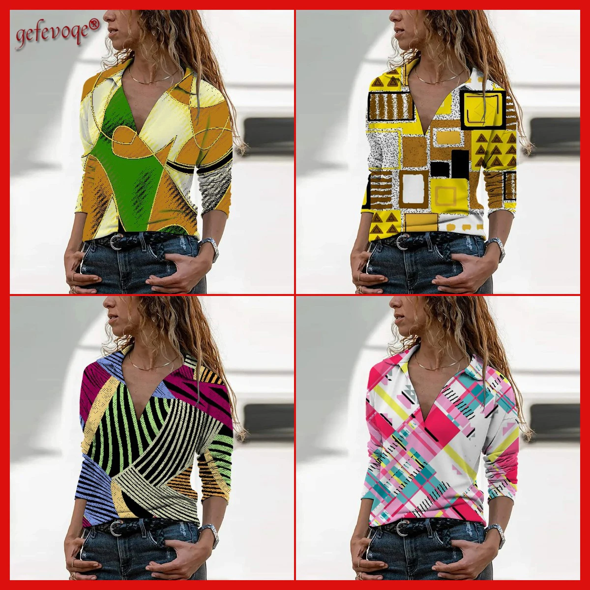 

Street Niche Fashion Casual Geometric Graphic Printing Harajuku Style T-shirt V-neck Pullover Slimming Ladies Regular Top