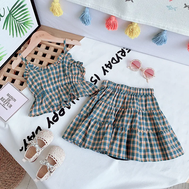 

NEW Toddler Baby Girl Clothes Set Plaids Strap Crop Tops Skirt Casual 2PCS Outfits Summer Clothes Girls 18M-6Y