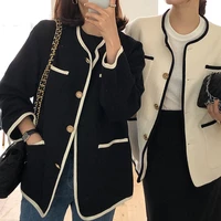 2020 autumn winter korean style vintage tweed jacket women long sleeve single breasted loose minimalist ladies coats elegant