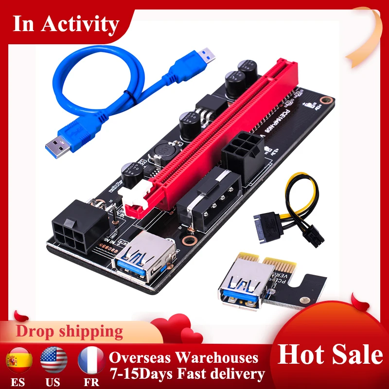 

PCI-E Riser 009 PCIE Express 1X 4x 8x 16x расширитель PCI E USB Riser 009S GPU двойная 6-контактная карта адаптера SATA 15pin для майнера BTC