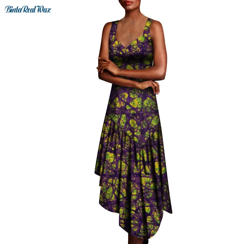 

African Print Long Dresses for Women Strap Dress Cotton Ruffles Sleeveless Dresses Vestidos Drapped African Clothing WY7660