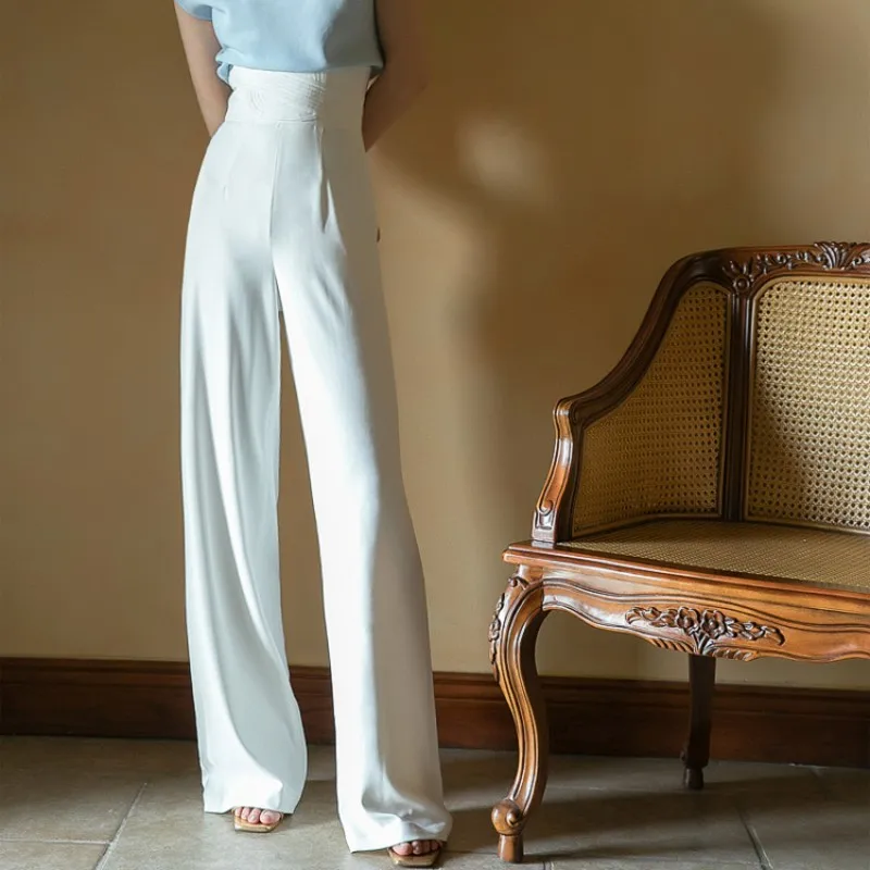 Office Lady Wide Leg Pants Spring Summer Vintage Straight High Waist Trousers Fashion Black Red Green White Elegant Flare Pants