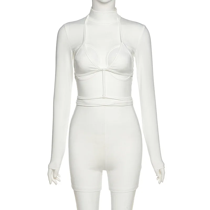 Autumn Long Sleeve White Playsuit Women Shorts Jumpsuit Sexy Hollow Out Bodycon Romper Fitness Sportswear Overalls Slim Outfits