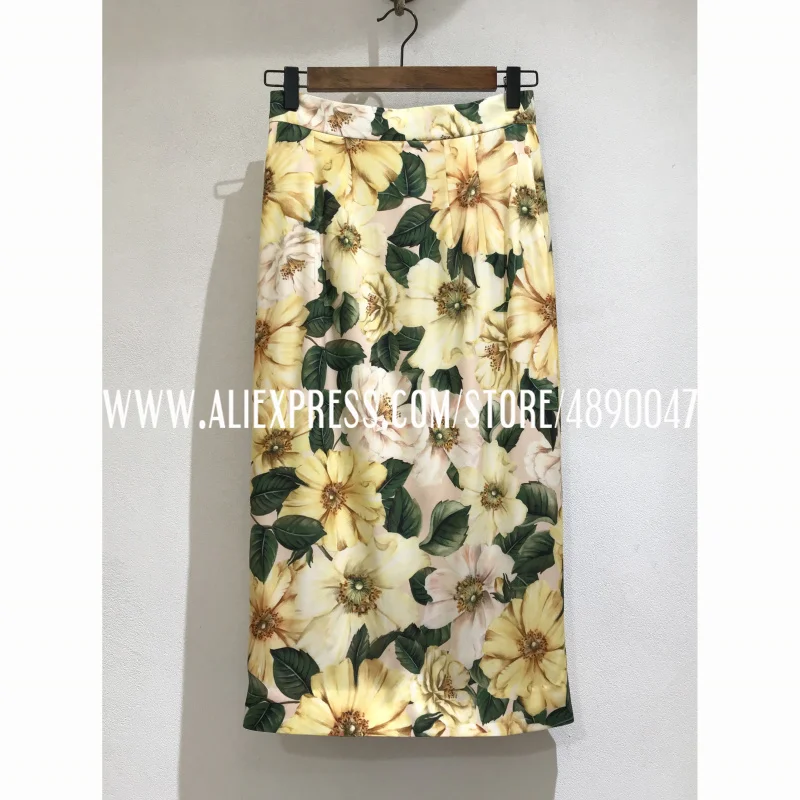 

Summer knee length pencil skirt women silk bohemian print pencil skirt high quality silk sun flower print skirt with hip skirt