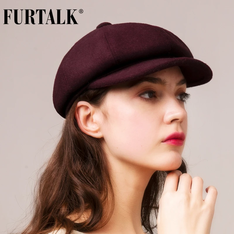 FURTALK шерсть Восьмиугольные шляпы женские зимние газетные кепки для девочек черный серый берет шляпа для женщин