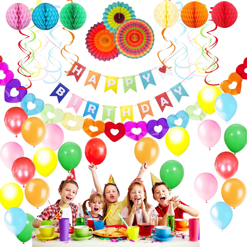 

Rainbow Theme Birthday Party Decoration Pull Flag Double Spiral Charm Honeycomb Ball Paper Fan Flower Birthday Decor Supplies