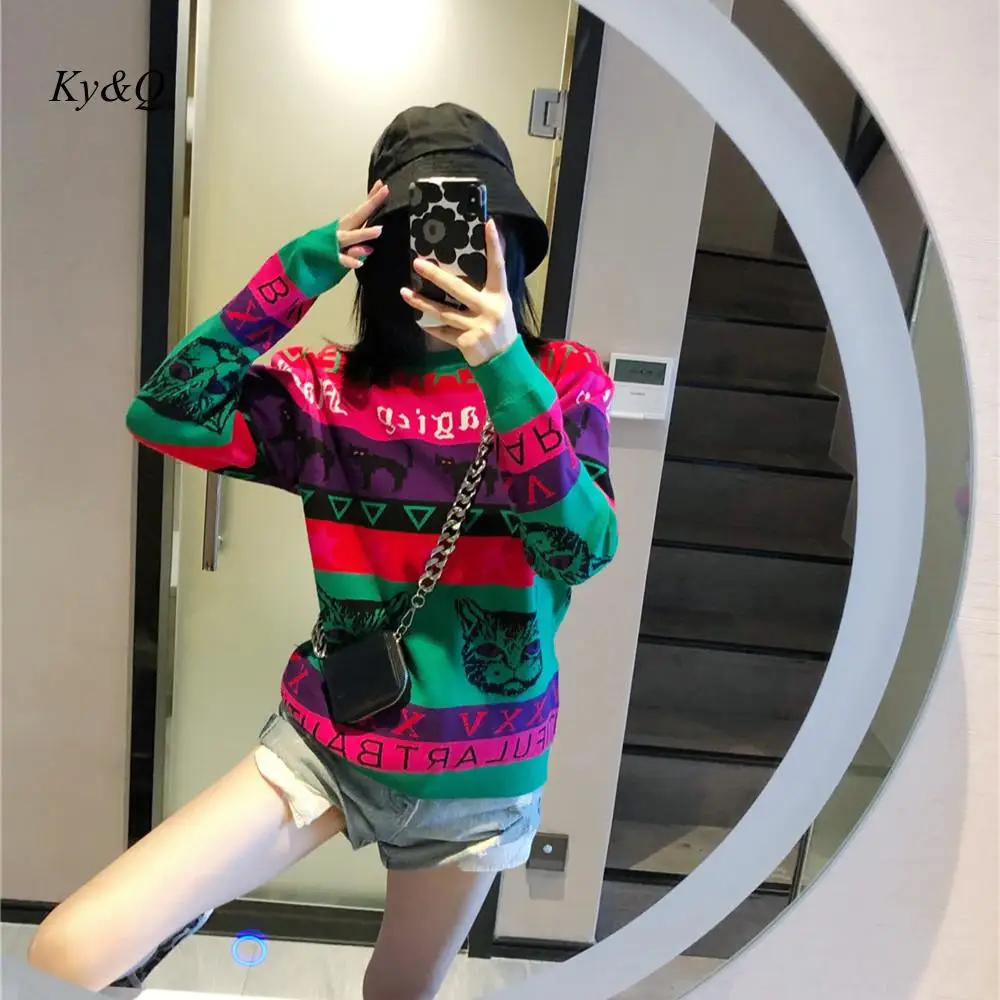 Женский пуловер в радужную полоску модный жаккардовый свитер с круглым вырезом и