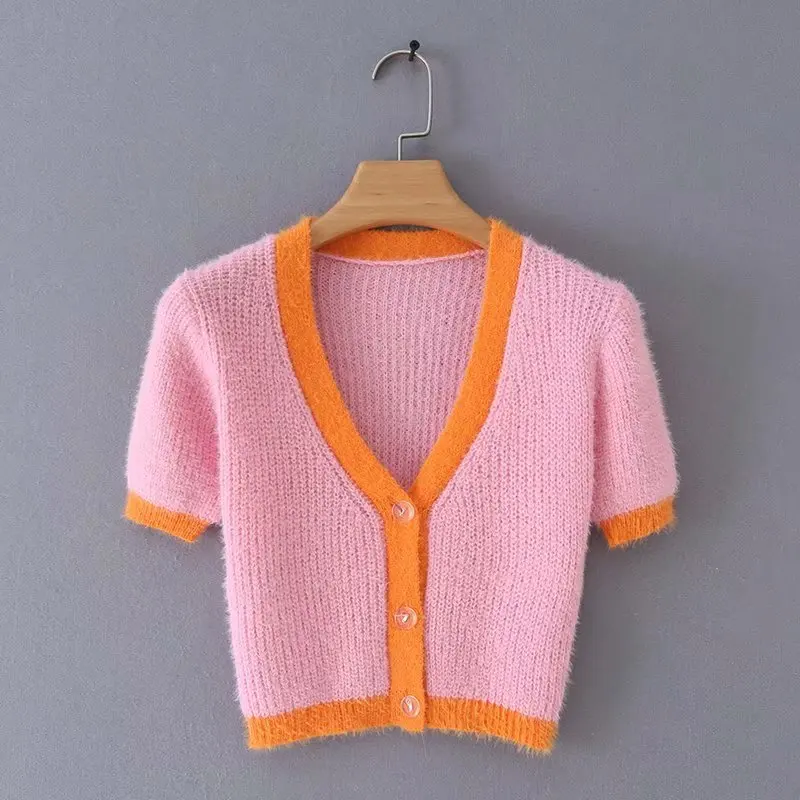C9 pink 1345 Bazaleas, винтажный укороченный топ в стиле панк на пуговицах, базовый укороченный свитер, желтый, зеленый вязаный кардиган в стиле пэчворк, Прямая поставка - Цвет: C9 pink 1345