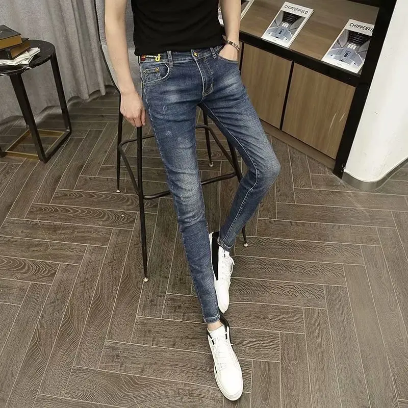 

Fashion 2021 skinny jeans men Ripped denim trousers men's students trendy brand Slim feet wild summer thin pencil pants