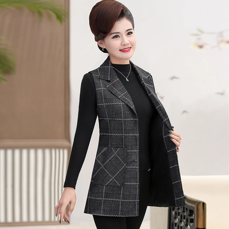 

New women retro plaid vest waistcoat 2020 spring autumn pockets long sleeveless jacket outerwear female office tops
