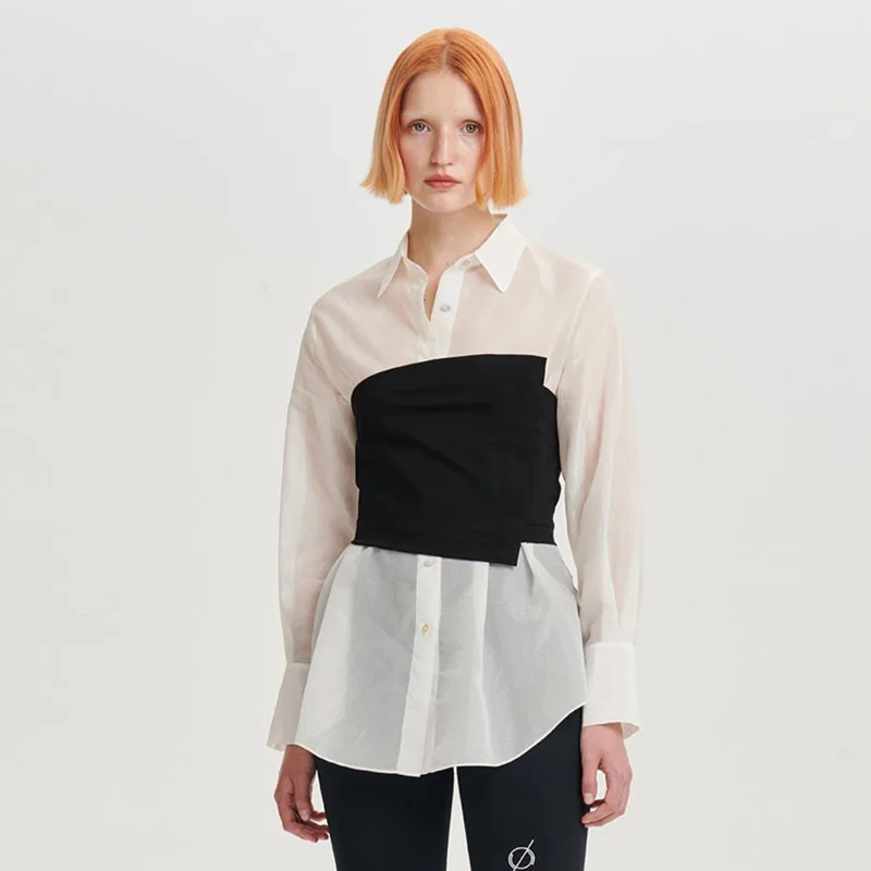 

Gorgeous Fog White Silk Corset Shirt Slim Contrasting Color Tunic Wrap-around White Shirt Female