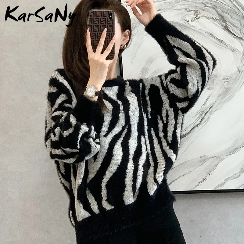 

Zebra Print Sweaters for women fashion Winter Warm Thick Oversized Fleece Sweaters And Pullovers Fluffy Mohair Sweater Women