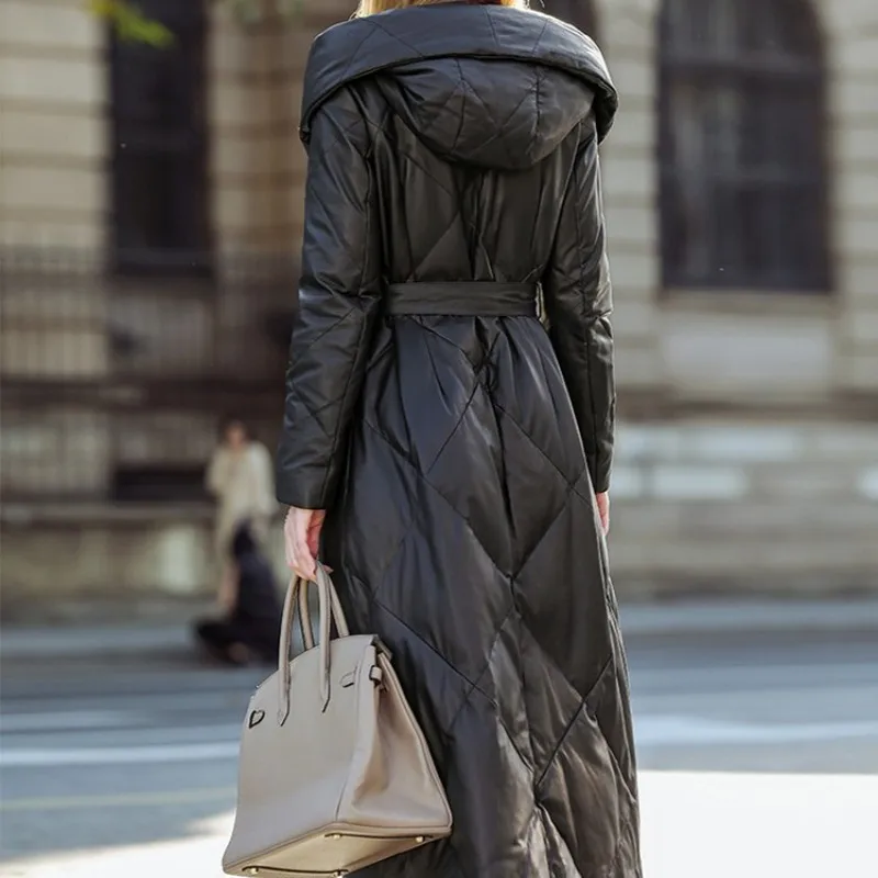 Женский длинный пуховик из натуральной овечьей кожи элегантная приталенная