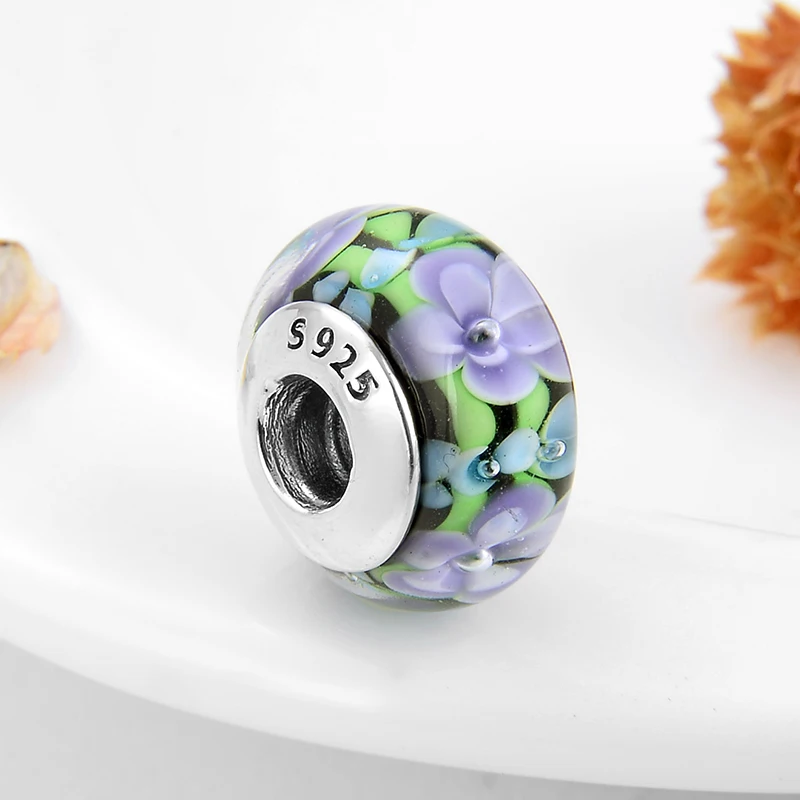 Бусины из серебра 925 пробы с фиолетовыми цветами в стиле поэзии бусины муранского