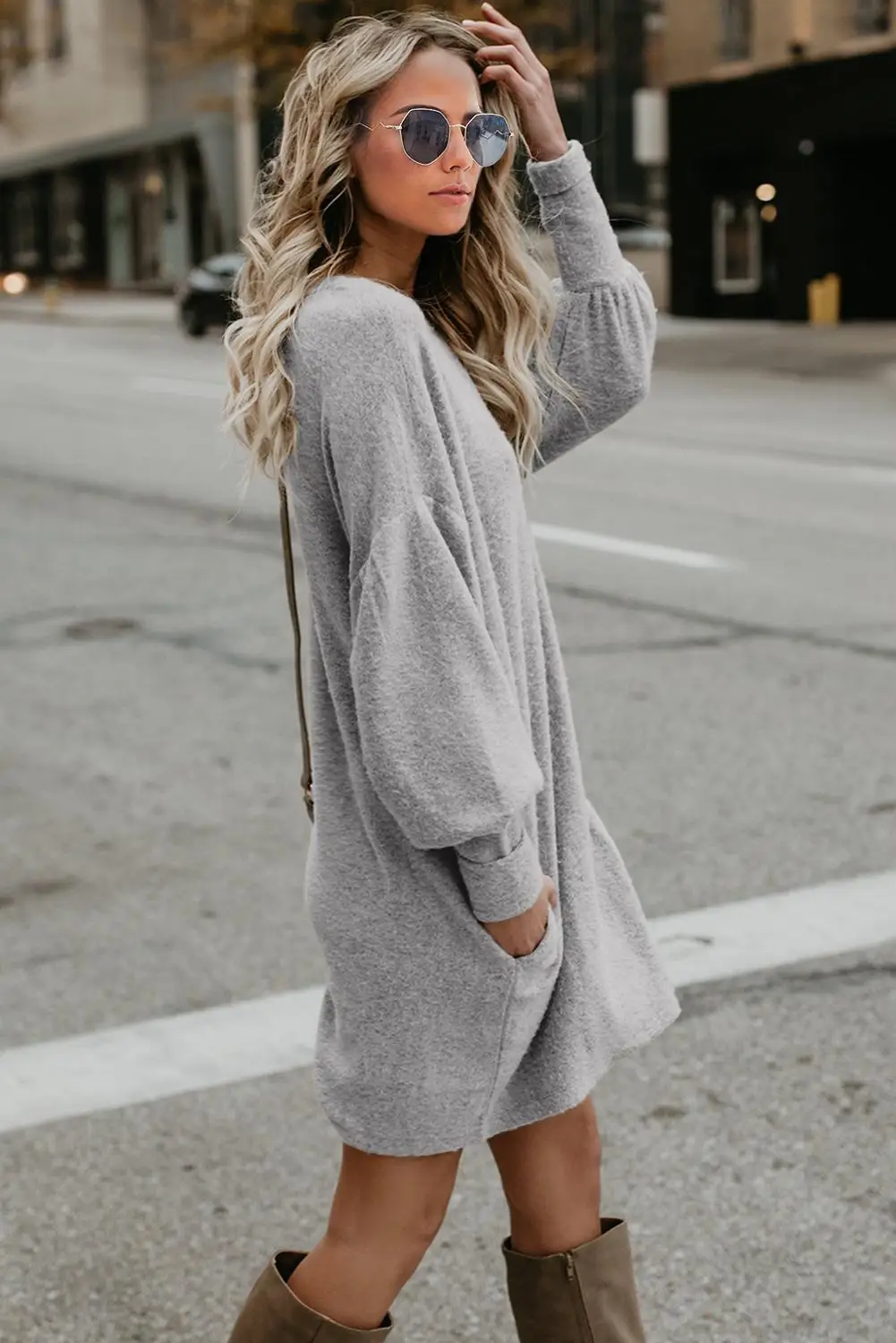 Красный/серый Осень Зима длинный фонарь рукав вязаный свитер платье Женская мода