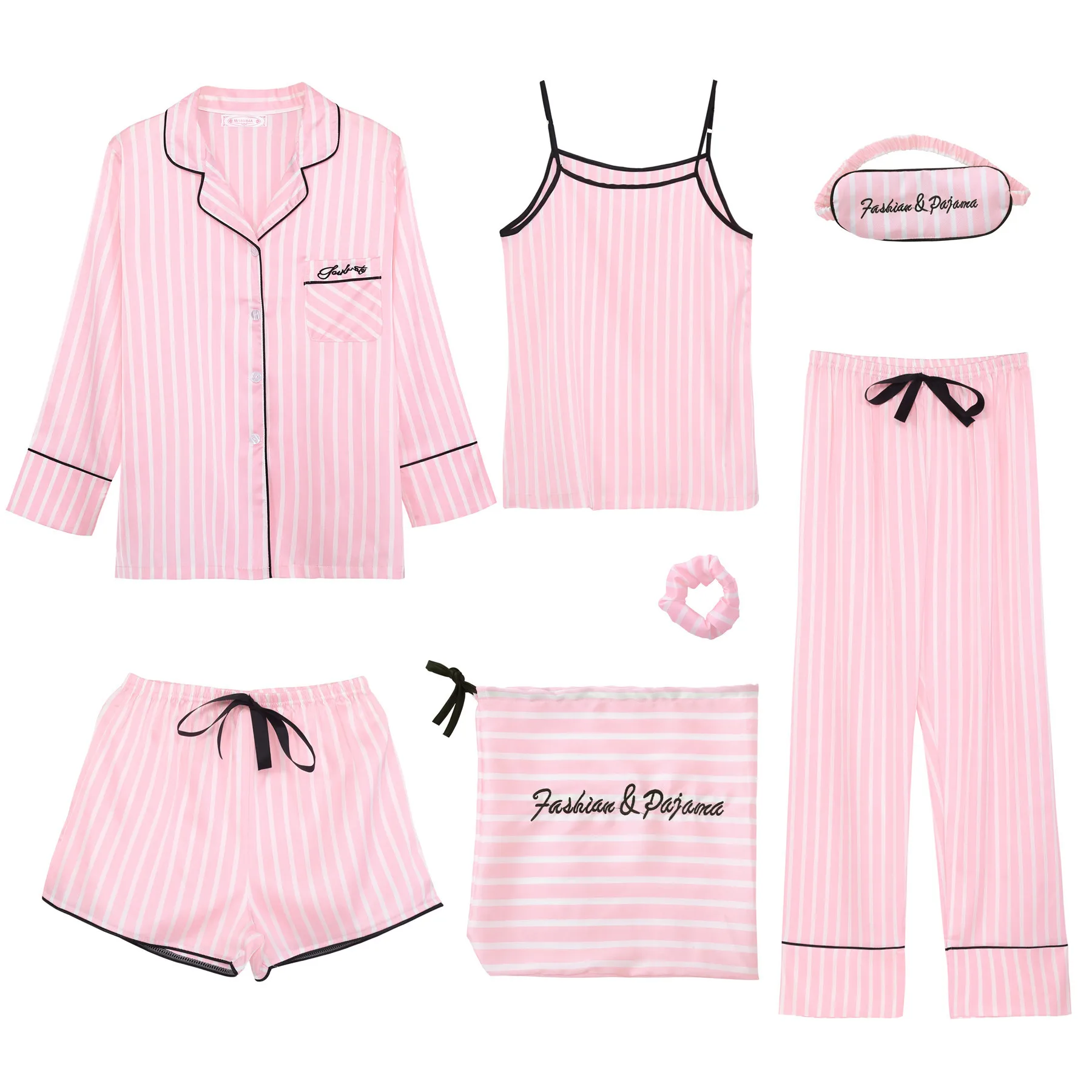

Pyjama 7 Pieces Sleeping Wear Set for Women Cartoon Sleepwear Heart Pyjama Top No Shoulder Striped Pyjama Femme Coton