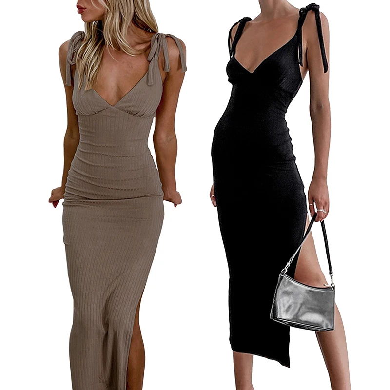 

Sexy Spaghetti Strap Backless Dress Solid Strapless Sleeveless Bodycon Dress Party Club Women Lace Up Slit Dress Mini Vestidos