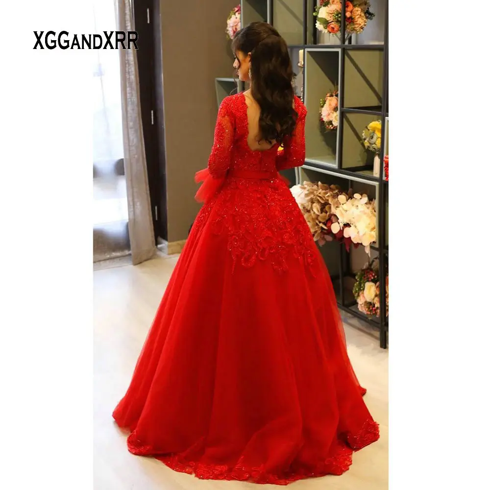 

New Arrival Dubai Long Sleeves Prom Dress 2020 Red Evening Dresses O Neck Lace Applique Sweep Train Saudi Arabia Woman Fomal