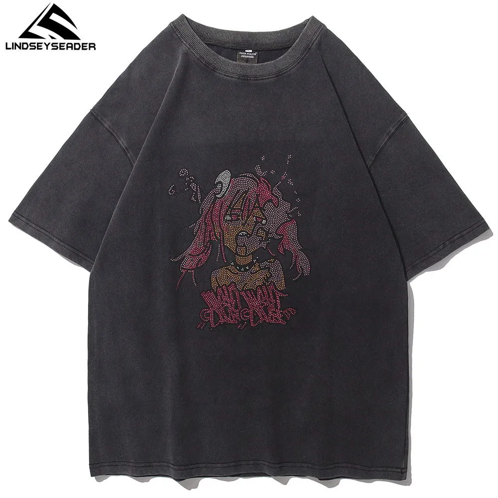 

LINDSEY SEADER Men's T-shirt Hip Hop Oversized Diamond Anime Girl Print Cotton Casual Harajuku Streetwear Short Sleeve Tops