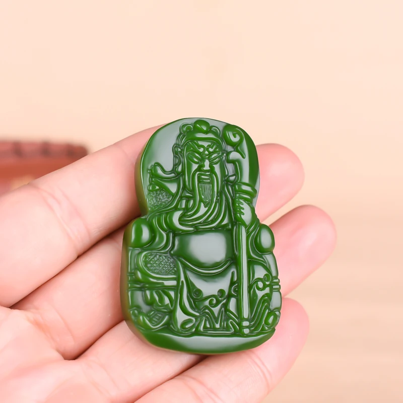 Китайский натуральный зеленый нефрит Гуань Юй кулон ожерелье ручной резки