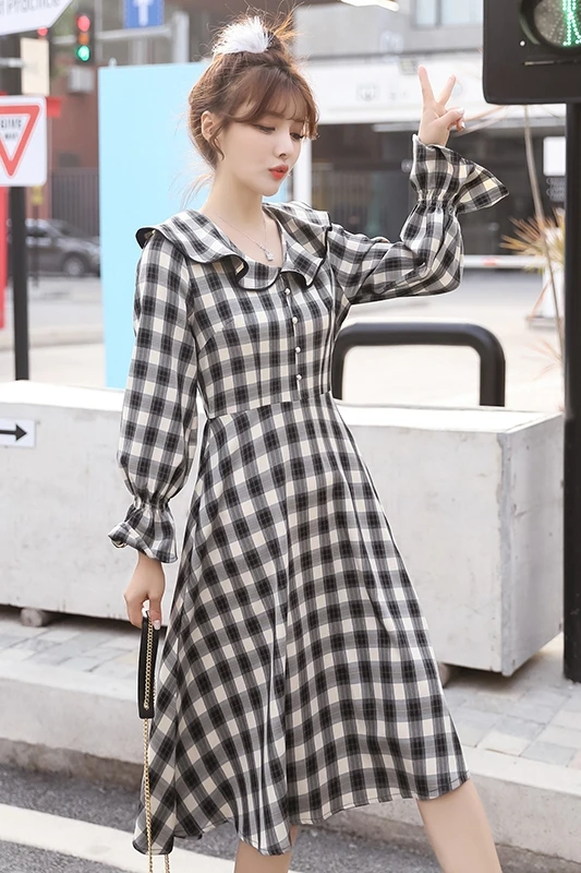

COIGARSAM Vintage Women dress New Chiffon Peter pan Collar High Waist Dresses Black White Plaid 6316