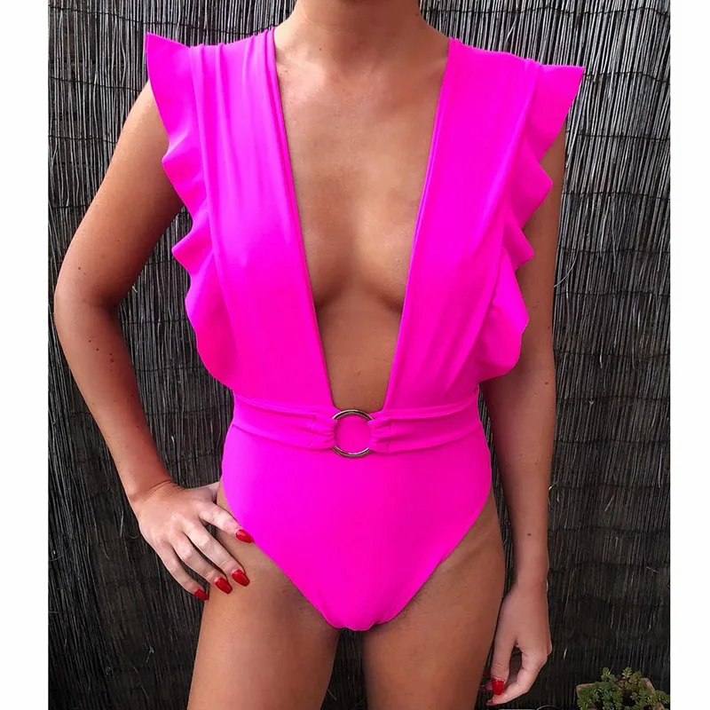 G Для женщин Одна деталь купальник с глубокой купальные костюмы V-Neck оборками боди Maillot De Bain купальный костюм пуш-ап Пляжная одежда - Цвет: G