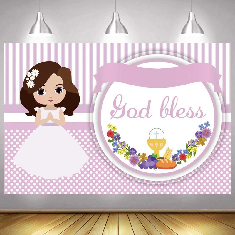 Customized Girls communion Photo Backdrop Gold Bless Happy Birthday Party Decor Photography Backgrounds Banner