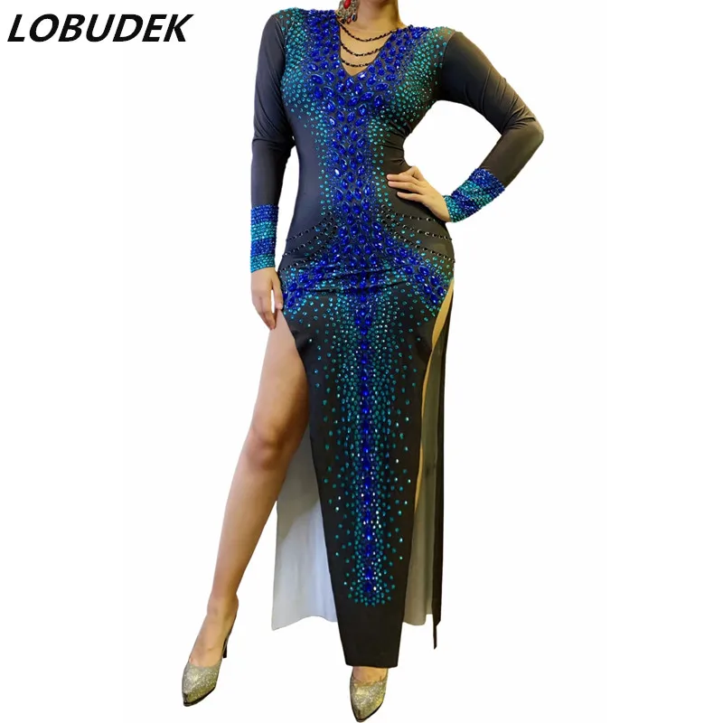 

Women Sexy V-neck Blue Rhinestones Split Long Dress Birthday Prom Celebration Crystal Outfit Singer Host Performance Costume