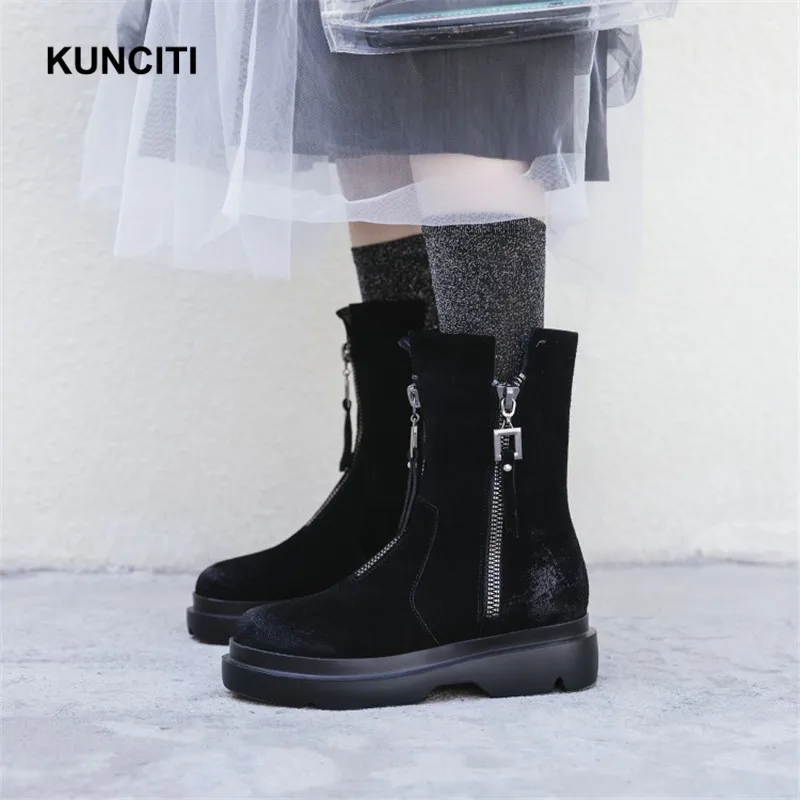 KUNCITI/Брендовые ботильоны в байкерском стиле; женская обувь на молнии; сезон осень-зима; замшевые ботинки-гладиаторы в стиле панк; Новая мода; D9225