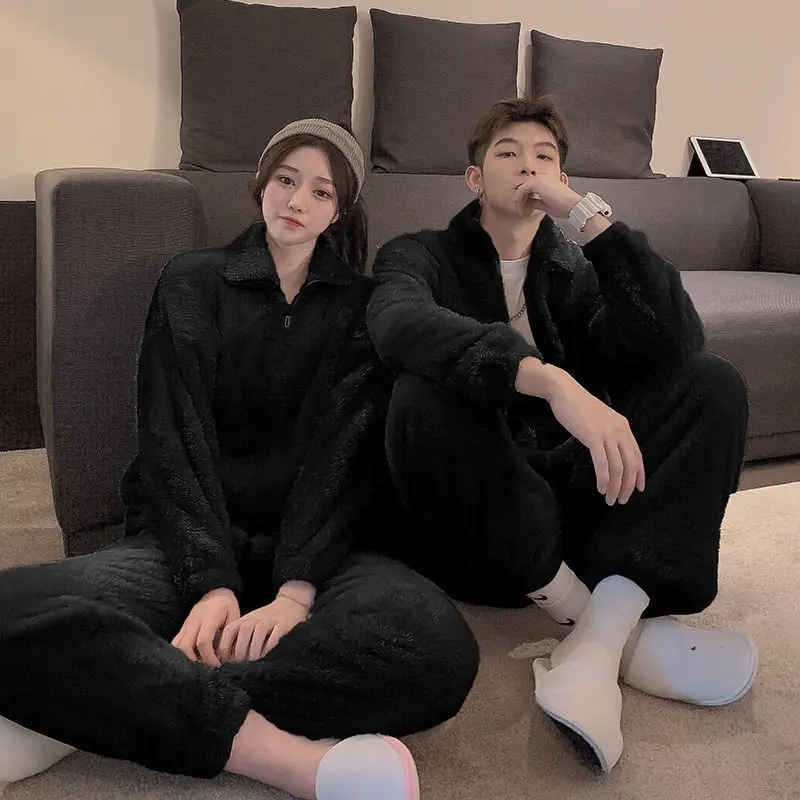 Version of The Couple Pajamas Female Autumn and Winter Loose Coral Velvet Warm Thickened Facecloth Men's Home Furnishing Suit