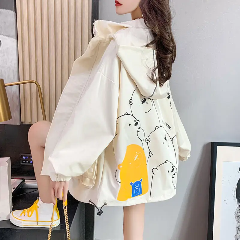 

Autumn 2021 Loose Jacket Women Age Reducing Kawaii Cartoon Printing Harajuku Fashionable Vintage Clothes Windbreaker Long Coat