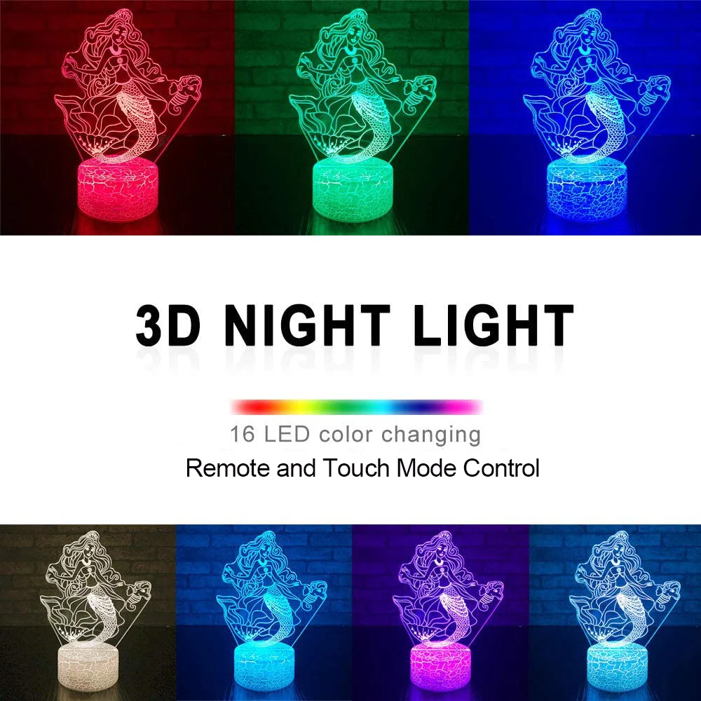 3D светодиодные ночные светильники принцессы русалки 16 цветов меняющие спальные