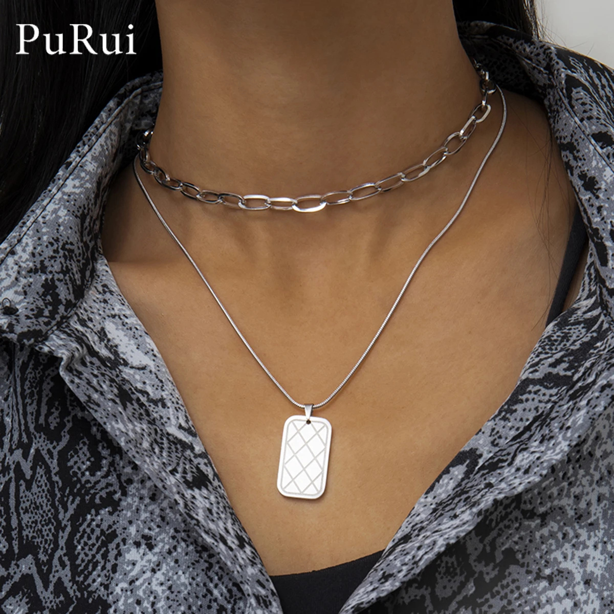 

Women Stainless Steel Necklace Double Layered Geometric Pendant Necklace Simple Long Chain Necklaces Statement Couples Jewelry