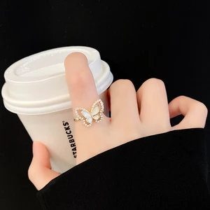 New simple fashion diamond butterfly mother-of-pearl open ring female temperament wild ring trend party jewelry