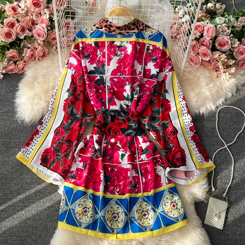 

Платье-рубашка Сицилия вечерние нее, винтажное модельное платье с красным леопардовым принтом и цветами, осень