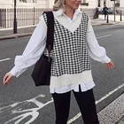 Женский трикотажный жилет, пуловер оверсайз с V-образным вырезом, гусиные лапки, без рукавов, для осени, 2020
