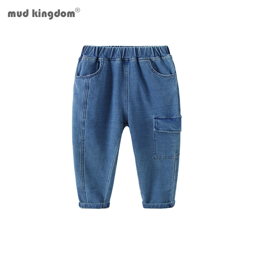 

Mudkingdom Boys Jeans Solid Elastic Waist Casual Kids Denim Cargo Pants for Toddler Slant Pocket Spring Autumn Fashion Clothes