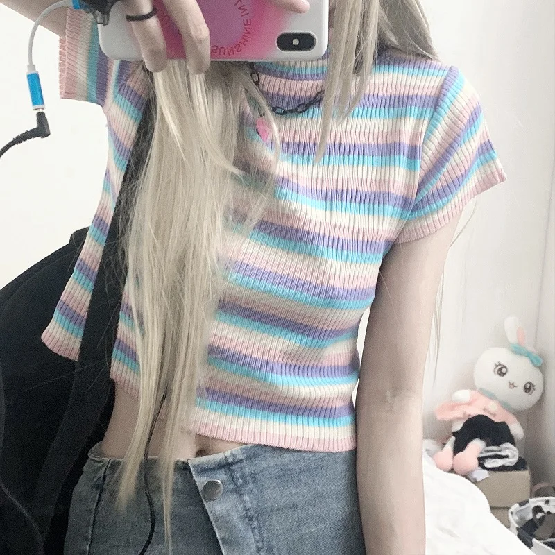 

Summer new style Korean high street retro short-sleeved short section color contrast striped T-shirt women