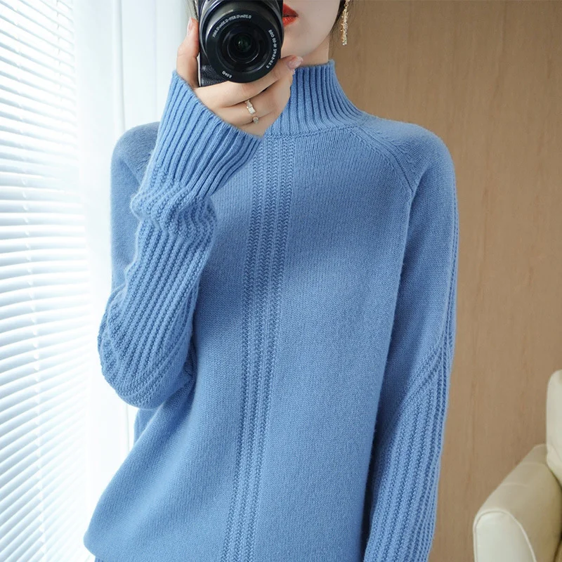 

FAKUNTN Fashion Knitted Sweater Women's Pullover Half High Collar Fashion Simple Solid Long Sleeve All-match Elastic Sweater